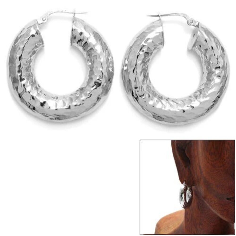 Sterling Silver 8mm Wide Hammered Round Hoop Earrings